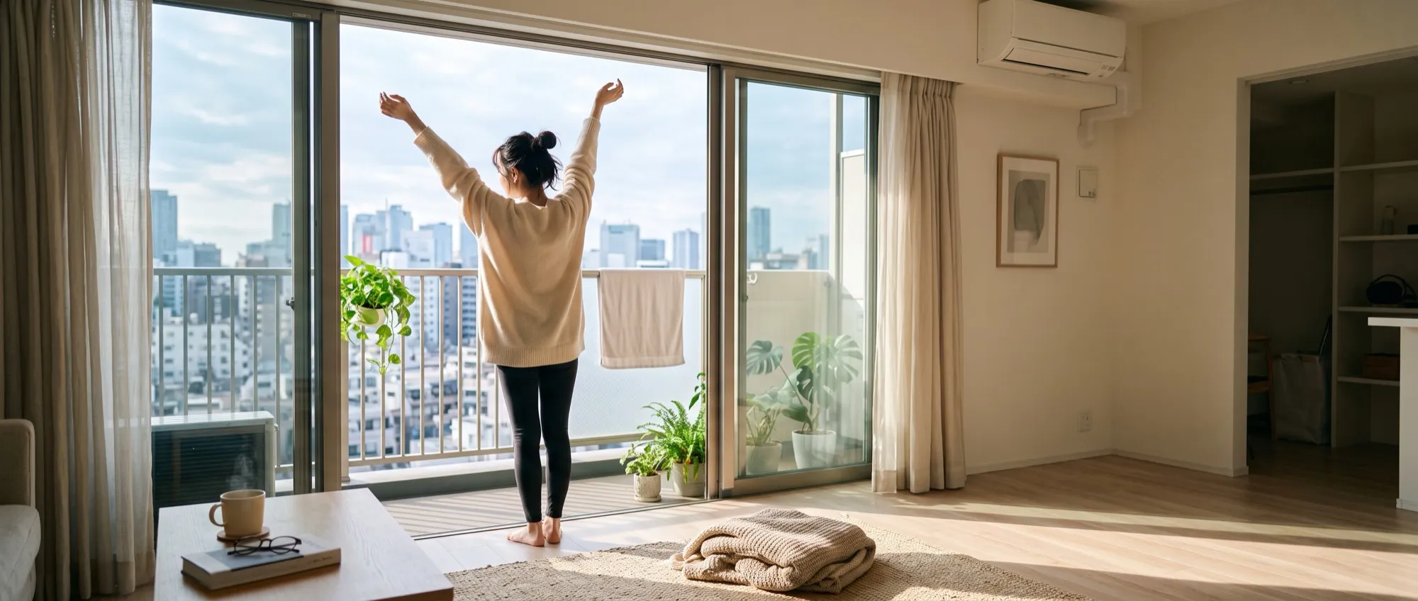 朝の光が差し込む部屋でベランダの方を見て伸びをする人物