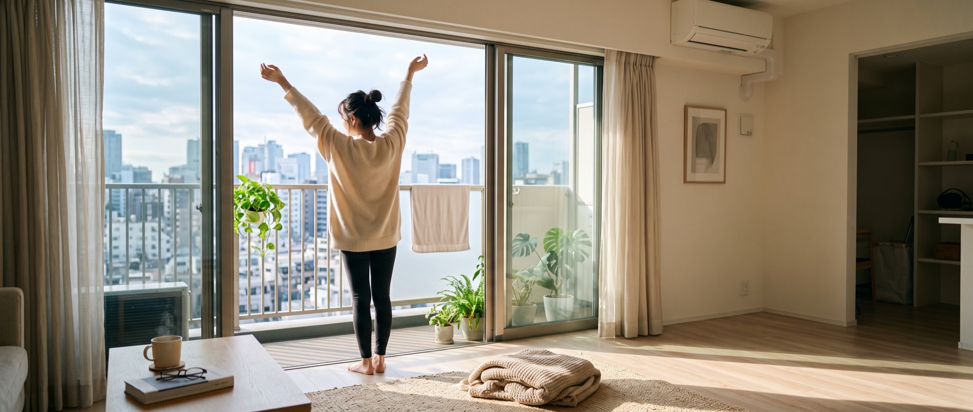 朝の光が差し込む部屋でベランダの方を見て伸びをする人物